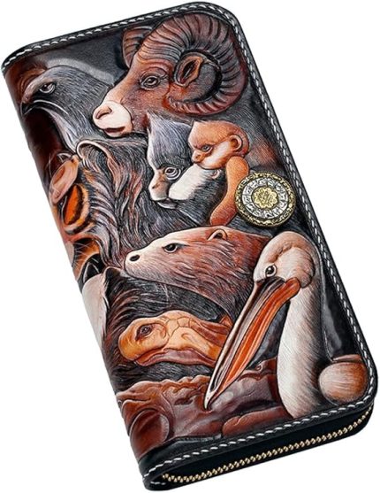 AVLUZ Leather Wallet, Luxury Carving Animal Long Purse, Handmade Sewn Zipper Banknote Clip Clutch Bag Credit Card Holder for Men Women Gift